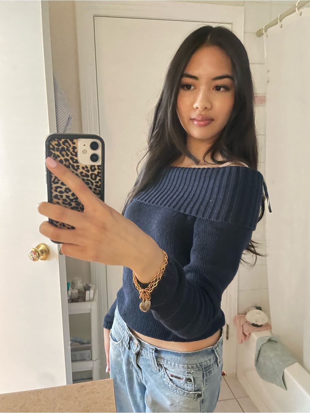Off-Shoulder Black Ribbed Fold-Over Neck Sweater - Picture 4 of 4